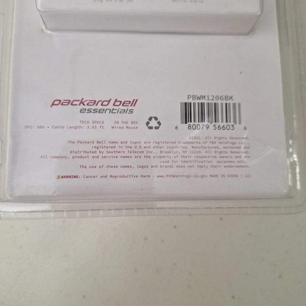 Packard Bell Wired Optical Mouse PBWM1206BK Ergonomic USB 2.0